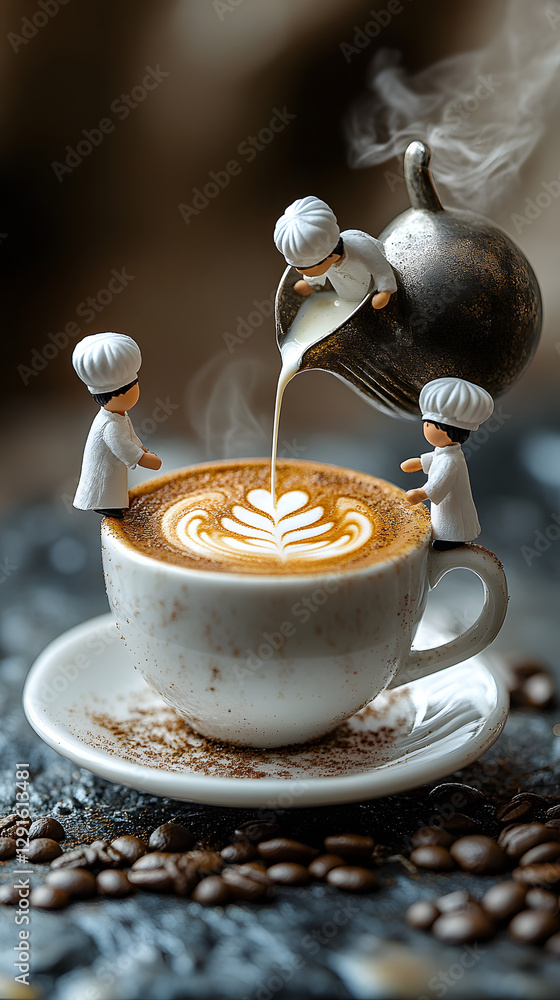Miniature Baristas Crafting Latte Art on Fresh Coffee