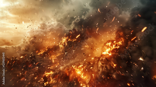 Epic medieval battle , fiery battlefield, stormy sky, cinematic action shot. Ultra-detailed, dynamic lighting, motion blur