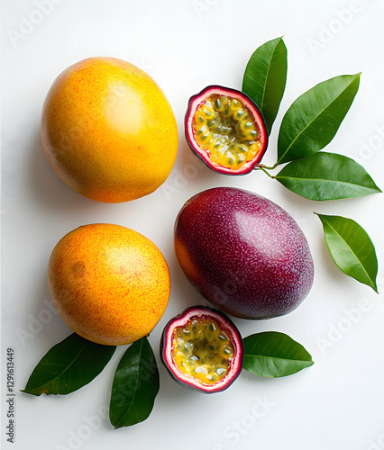 Obraz na płótnie Juicy Mango and Passion Fruit Sections on White Background w salonie