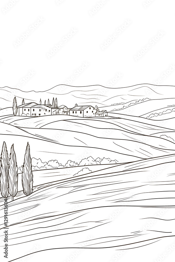 Minimalist Black and White Tuscan Landscape Outline