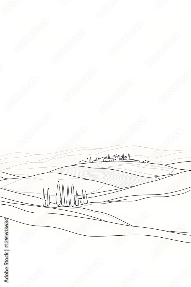 Minimalist Black and White Tuscan Landscape Outline