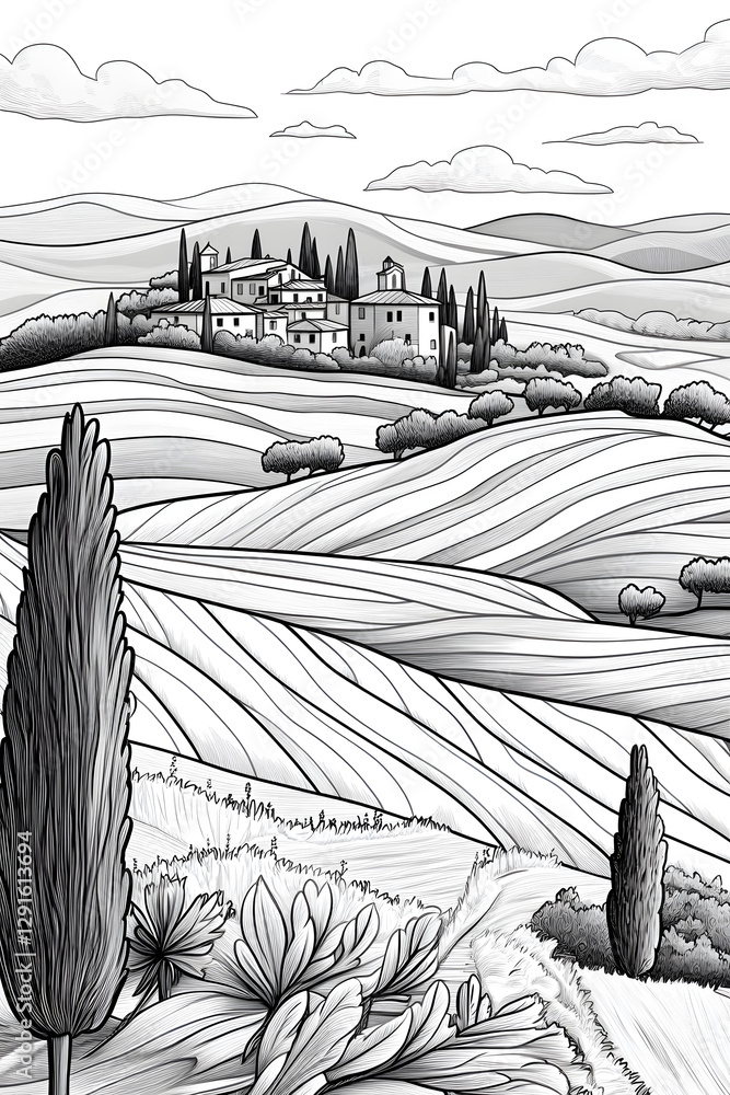 Minimalist Black and White Tuscan Landscape Outline