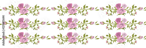 Delicate pink rose horizontal border. Minimalist pink roses blossom with buds and leaves. Elegant botanical design for frames, postcards, garden and flower shop. Vector flat illustration.