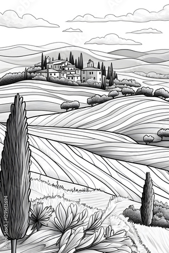 Obraz na płótnie Minimalist Black and White Tuscan Landscape Outline w salonie