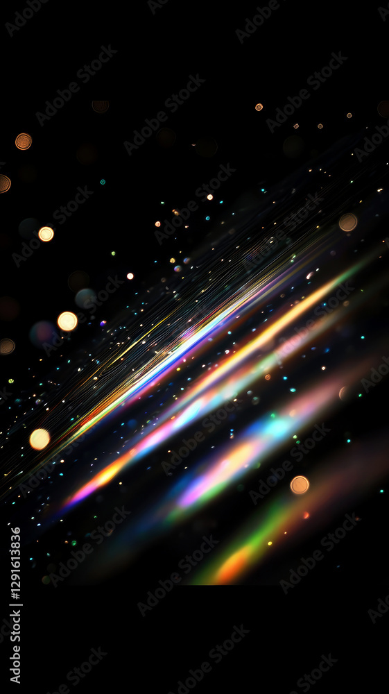 Obraz premium Holographic abstract light refraction with prismatic rainbow flares and sparkling colorful bokeh, glowing sparkles on dark. Dreamy, futuristic energy with colorful starburst effects. Generative ai