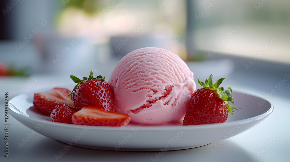 Photorealistic Strawberry Ice Cream with Fresh Strawberries