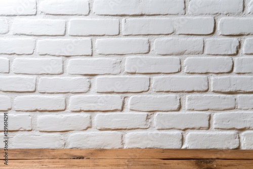 A white brick wall background, with no floor or ceiling visible, and some wooden elements on the right side of the image. The wall is composed entirely of white bricks, and there is a section photo