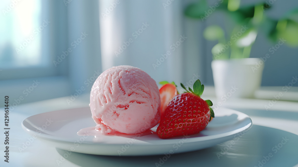 Photorealistic Strawberry Ice Cream with Fresh Strawberries