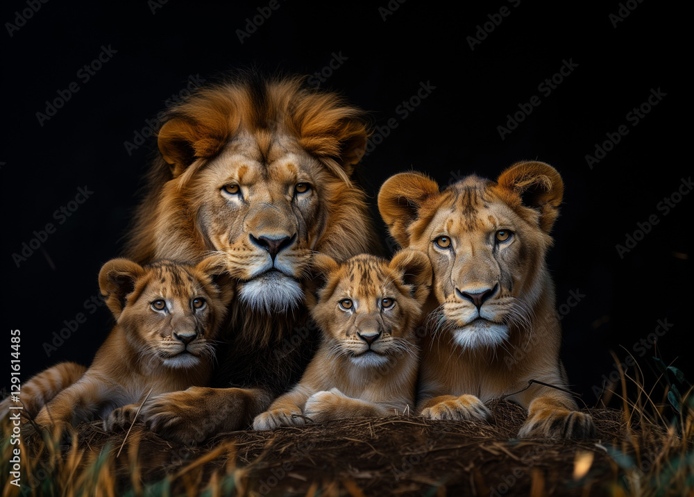 Obraz premium Family of lions with a lion, a lioness, and several cubs. Representing the strength, resilience, and love.
