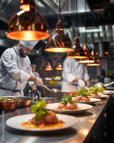 Team of chefs in a high-end restaurant kitchen, plating gourmet dishes, steam rising, stainless steel surfaces. Ultra-detailed, warm and inviting lighting
