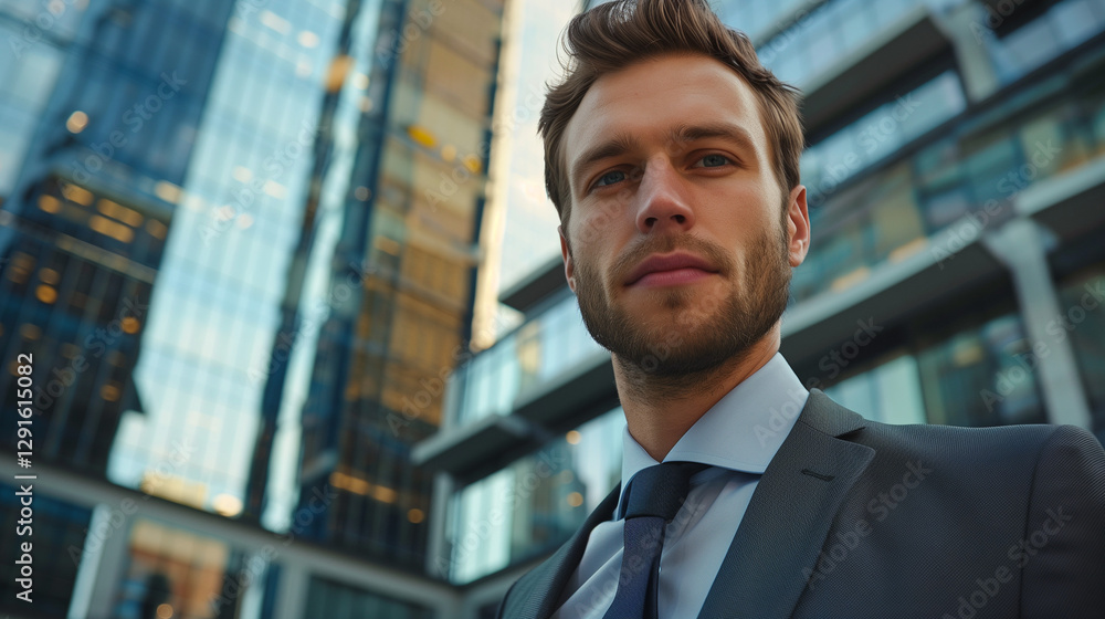 A confident businessman in a sleek suit, looking directly into the camera, background – modern glass office buildings A confident businessman in a sleek suit, looking directly into the camera, background – modern glass office buildings