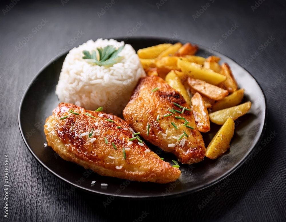 Fotografía de estudio profesional Imagen de filetes de pollo asado con patatas fritas crujientes y doradas, arroz, estilo ultrarrealista, realista, 4k
Fotografía de estudio profesional Imagen de filetes de pollo asado con patatas fritas crujientes y doradas, arroz, estilo ultrarrealista, realista, 4k