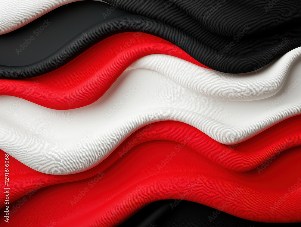 Naklejka premium Wavy fabric design in red, black, and white colors creates dynamic visual. smooth texture and flowing lines evoke sense of movement and elegance