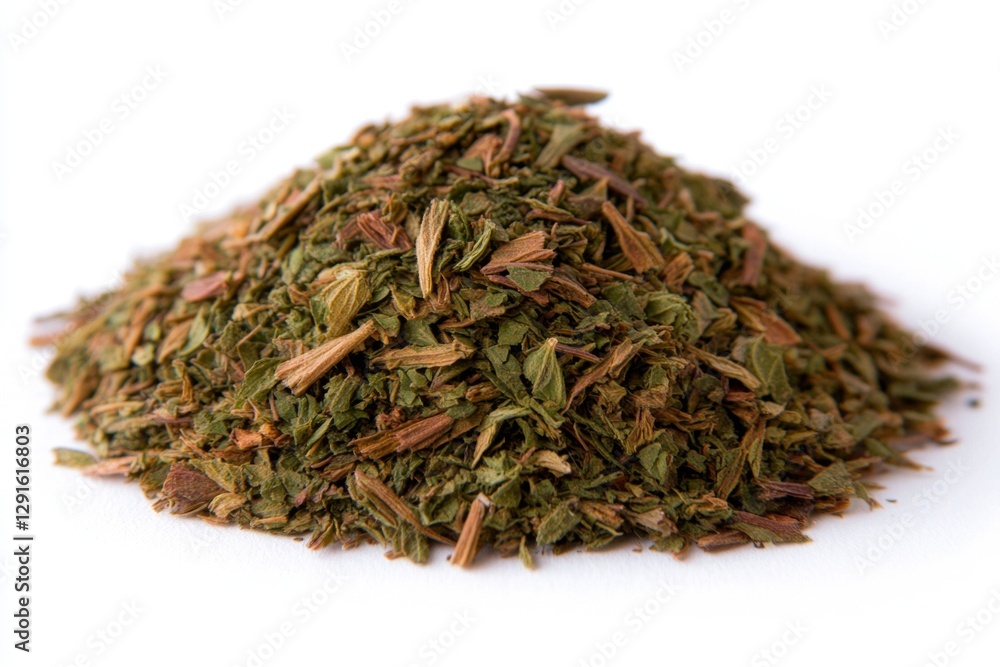 A pile of dried and dried hemp leaves, isolated on a white background, product photo for e-commerce A pile of dried and dried hemp leaves, isolated on a white background, product photo for e-commerce