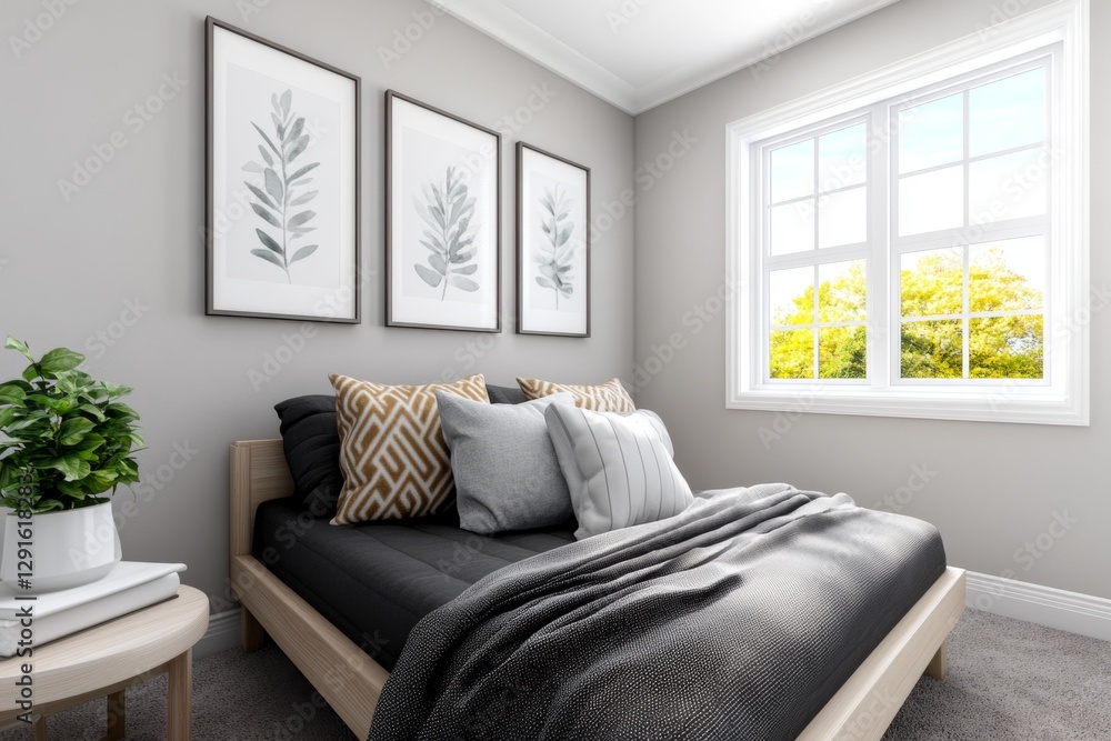 Fototapeta premium An empty wall with five frames in a modern living room. The walls have neutral tones, and there is carpet on the floor. The sofa has black fabric cushions, and there is a coffee table. A small