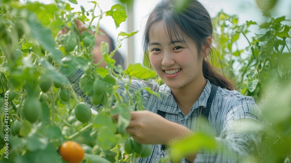 Young woman tending to tomato plants in a greenhouse, harvesting fresh produce Young woman tending to tomato plants in a greenhouse, harvesting fresh produce