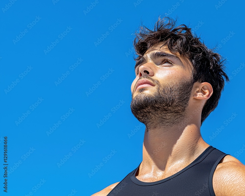 A young man gazes up at the clear blue sky, embodying a sense of aspiration and freedom. A young man gazes up at the clear blue sky, embodying a sense of aspiration and freedom.