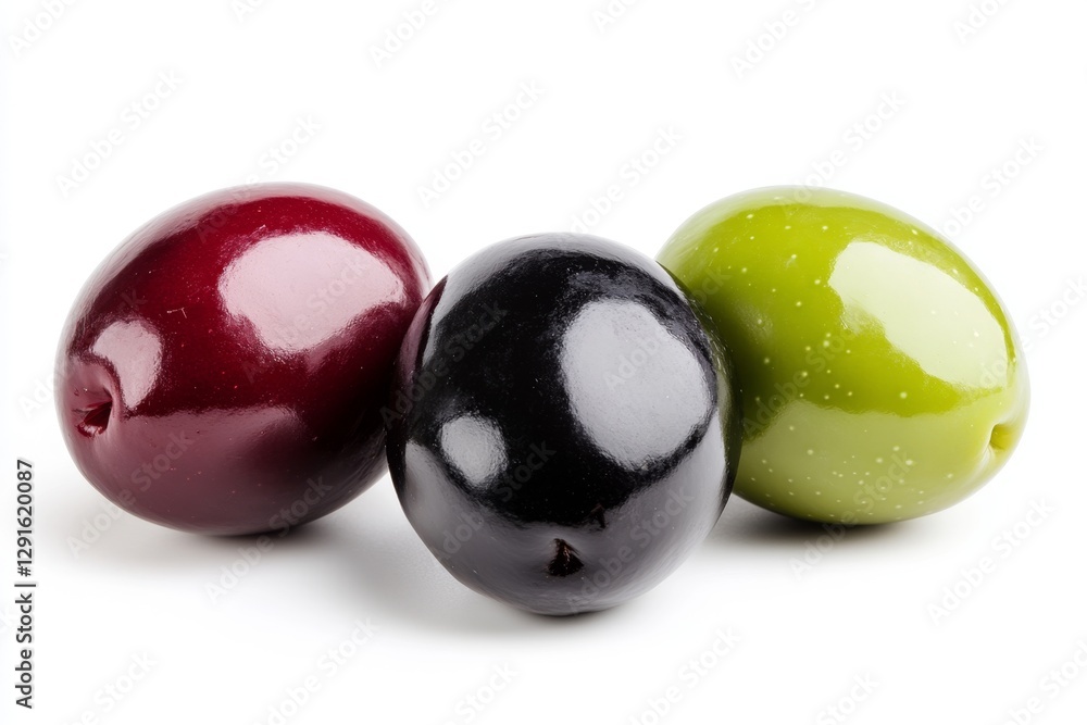 Black, green, and red olives isolated on a white background. The green olive is cut in half. Close-up view of three colored olives. Isolated black, green, and burgundy olives. Food photography Black, green, and red olives isolated on a white background. The green olive is cut in half. Close-up view of three colored olives. Isolated black, green, and burgundy olives. Food photography