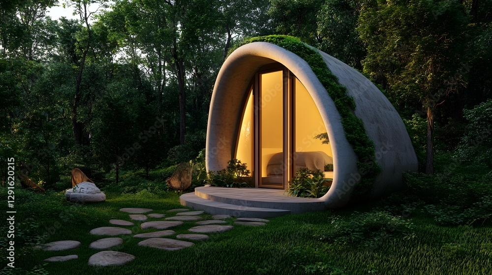 Fototapeta premium Eco-Friendly 3D-Printed Tiny Home Nestled in Lush Forest Setting for Sustainable Off-Grid Living
