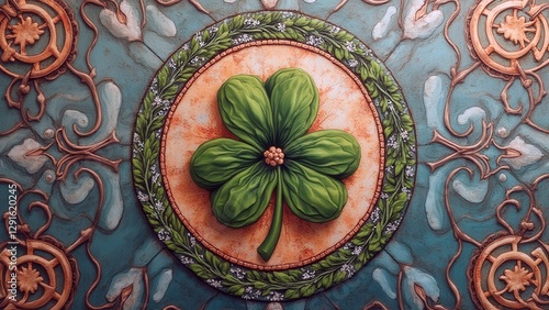 Wallpaper Mural Intricate green four-leaf clover with ornate details on circular background surrounded by floral patterns Torontodigital.ca