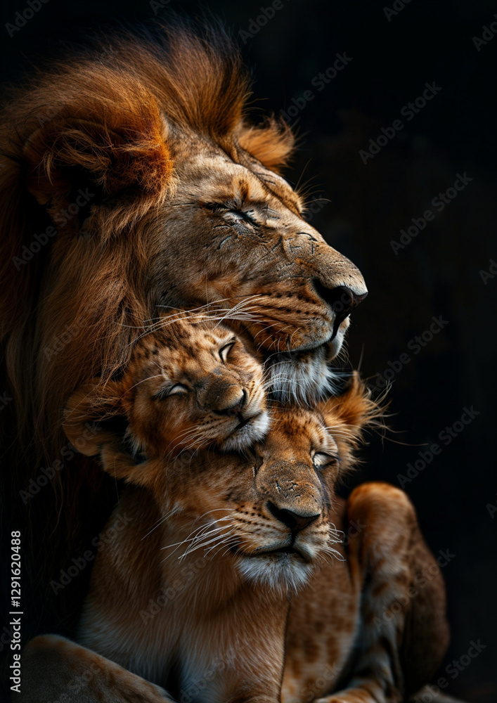Naklejka premium Family of lions with a lion, a lioness, and several cubs. Representing the strength, resilience, and love.
