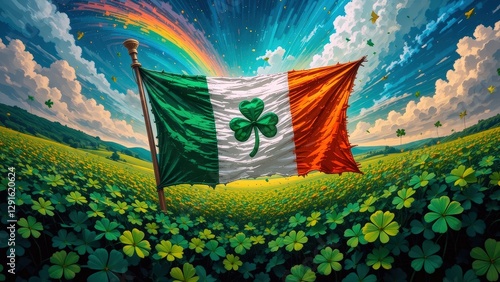 Wallpaper Mural Irish flag proudly waving over a lush green meadow under a vibrant sky filled with color and light, celebrating heritage and nature Torontodigital.ca