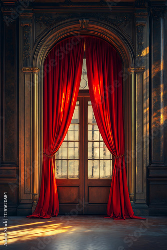 Elegant Grand Entrance with Red Curtains and Luxurious Carpet – Royal Interior with Vintage Door perfect for luxury, theater, royalty, and classic architecture themes.