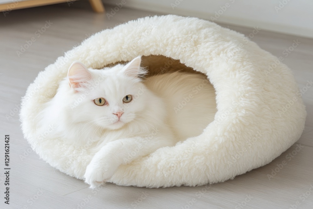 Obraz premium Soft White Cat Relaxing in Cozy Bed with Fluffy Fur Interior