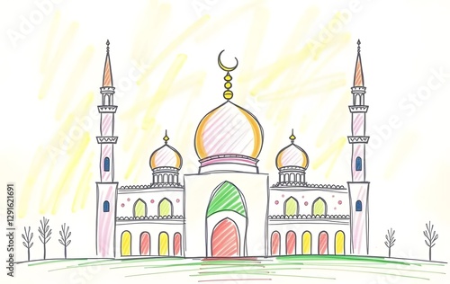 Cute crayons, shiny Istiqlal Mosque Doodles, children's doodles with bright colors photo