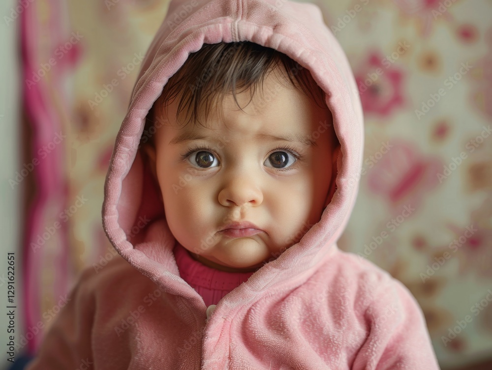 Serious and curious baby in pink hoodie with cute expression Serious and curious baby in pink hoodie with cute expression