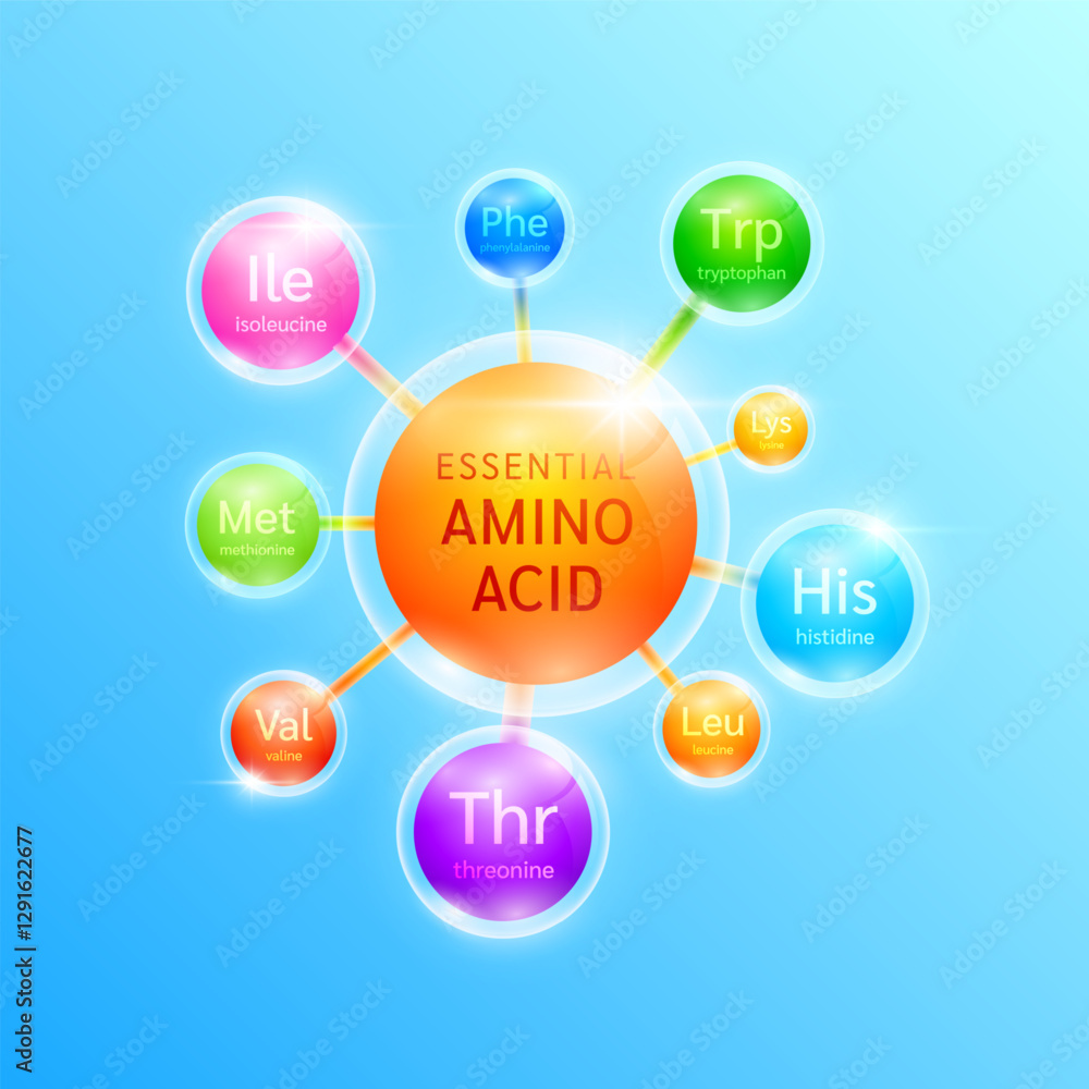 Essential amino acid complex form molecule. Minerals vitamin nutrients essential for the body and muscles. For design dietary supplement products ads. Vector. Essential amino acid complex form molecule. Minerals vitamin nutrients essential for the body and muscles. For design dietary supplement products ads. Vector.