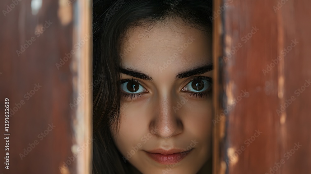 Mysterious woman peeking through a door, creating an intriguing sense of suspense Mysterious woman peeking through a door, creating an intriguing sense of suspense