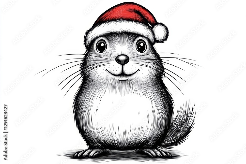 Marmot in a Santa hat standing on its hind legs, a vector black and white illustration for a t-shirt design, isolated from the background, in a frontal view, detailed drawing, high resolution, Marmot in a Santa hat standing on its hind legs, a vector black and white illustration for a t-shirt design, isolated from the background, in a frontal view, detailed drawing, high resolution,