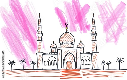 cute crayons. Cute Doodles. Istiqlal Mosque. Children's scribbles with bright colors photo