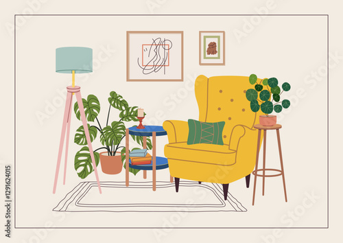 Interior scene for new home greeting card, print, poster, or housewarming party invitation. New place to live in postcard with armchair, wall art, floor lamp, potted plants. Flat vector illustration.