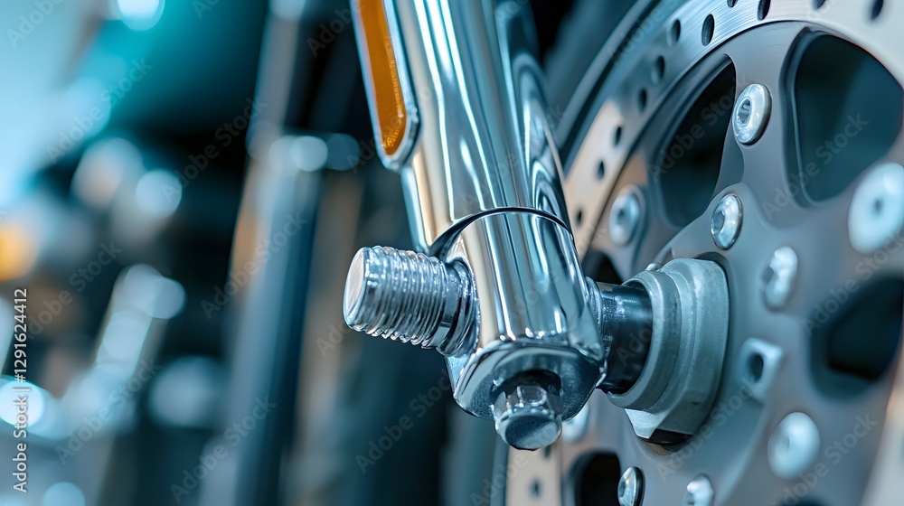 Fototapeta premium Close-up of Wrench Tightening Bolt on Motorcycle Suspension System, Precision Engineering