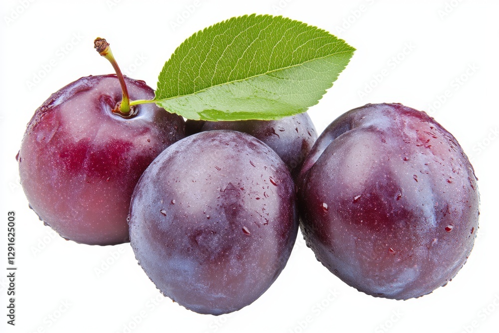 Fototapeta premium Plums, a realistic stock photo on a white background with a clipping path, isolated on the left side of the image