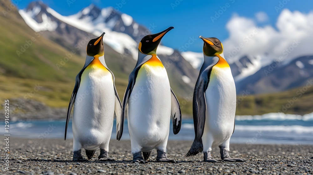Fototapeta premium Three King Penguins on a Pebble Beach with Mountains in Background