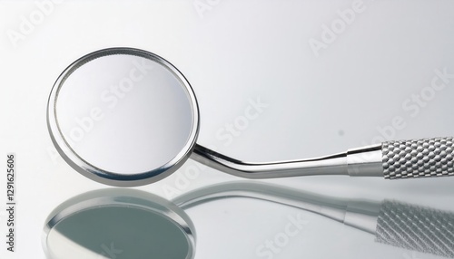 Metal dental mirror reflecting light, showcasing the precision and hygiene of stomatology tools.
