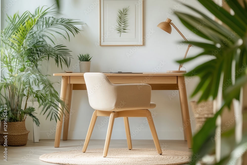 Obraz premium Modernes Homeoffice mit natürlicher Einrichtung und Pflanzen