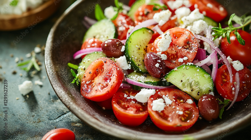 Delicious greek salad with fresh tomatoes cucumbers and feta cheese red food meal diet dish herb Delicious greek salad with fresh tomatoes cucumbers and feta cheese red food meal diet dish herb