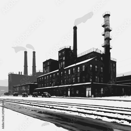 Abandoned industrial complex with smokestacks emitting smoke in a snowy landscape in black and white