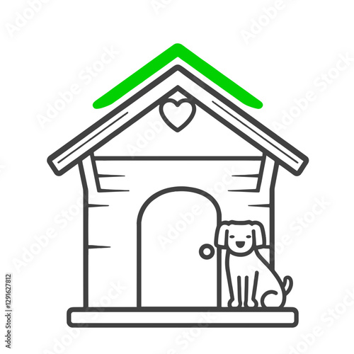 Happy dog sitting outside its wooden doghouse with a heart on a white background