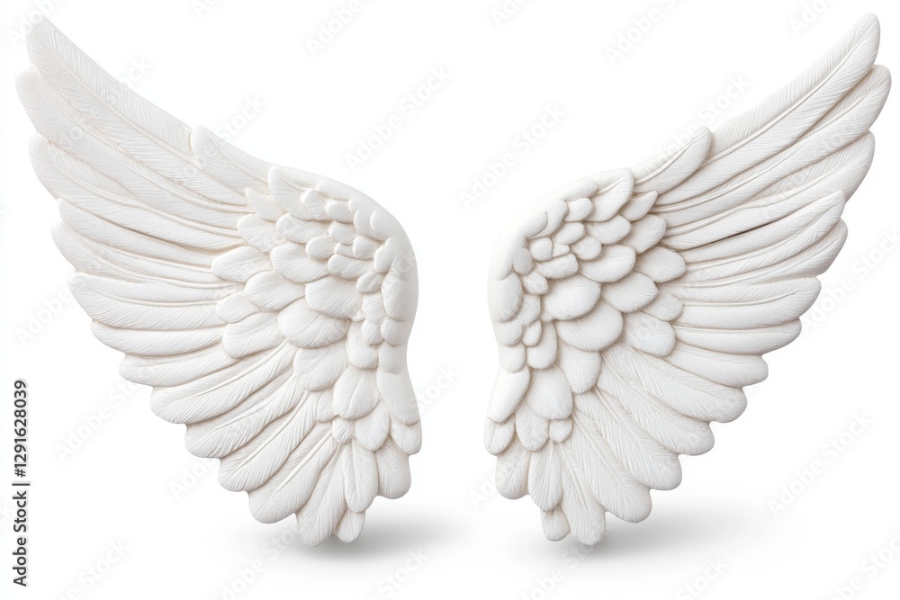 Fototapeta premium Two white angel wings isolated on a transparent background, on a white background, in a PNG photo cutout and sticker style clipart