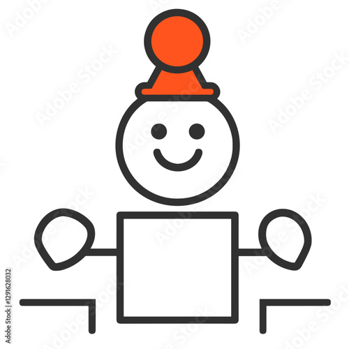 Cheerful character with an orange hat welcoming from behind a box on a white background