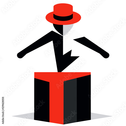character, playful, red hat, sitting, box, joyful, design, illustration, vector, cartoon, happiness, fun, emotions, whimsical, cheerful, creative, minimalistic, art, positivity, friendly, youth, engag