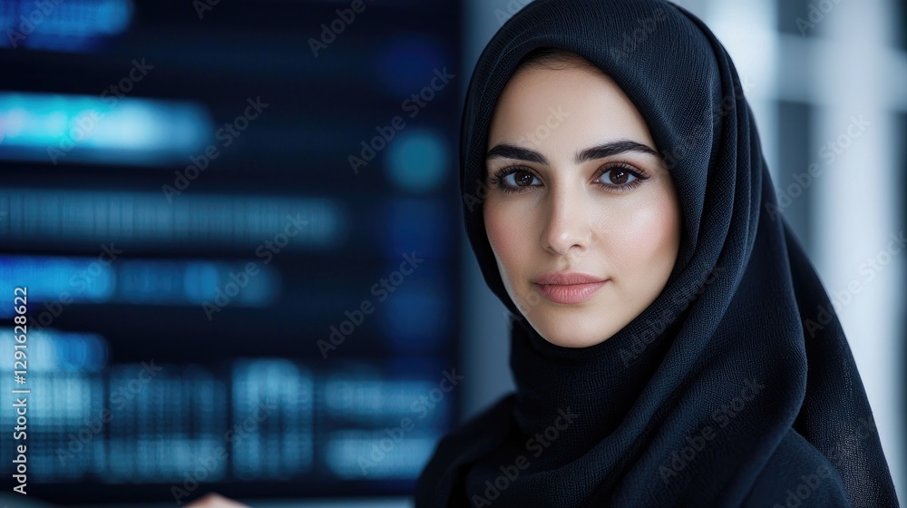 Confident woman in hijab, tech office, coding background Confident woman in hijab, tech office, coding background