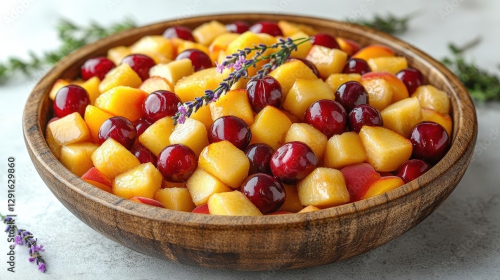Peach And Cranberry Salad In Wooden Bowl Peach And Cranberry Salad In Wooden Bowl