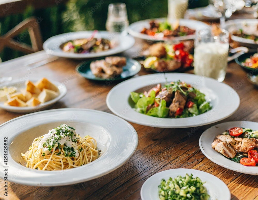 Abundant Table Spread: Mix Grill, Alfredo Pasta, Tajin, and More for Sharing Abundant Table Spread: Mix Grill, Alfredo Pasta, Tajin, and More for Sharing