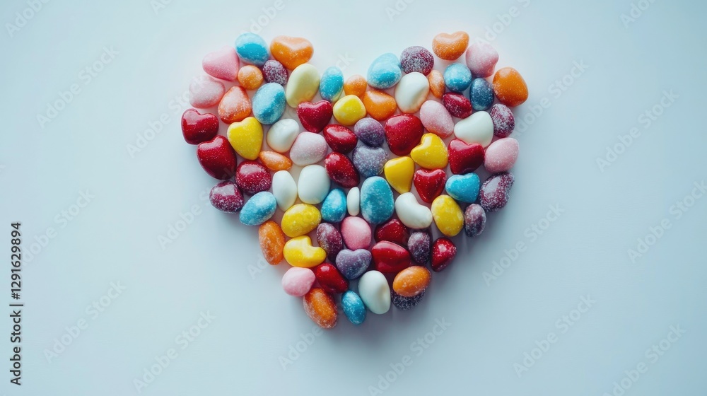 Heart-shaped arrangement of colorful candies on a white table Heart-shaped arrangement of colorful candies on a white table